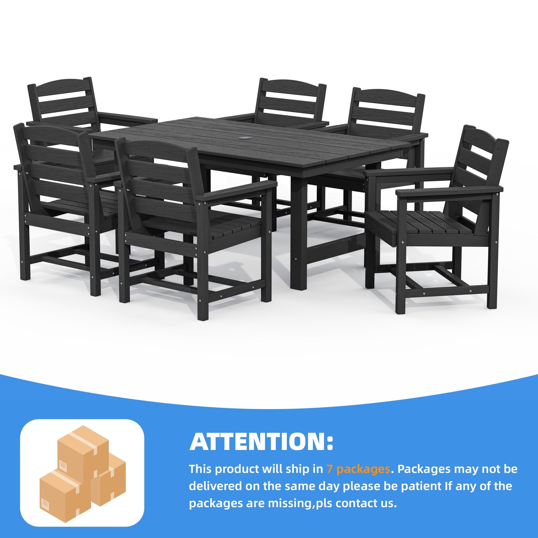 Ensemble de table à manger d'extérieur 7 pièces en PEHD avec trou pour parasol - 1 table, 6 chaises