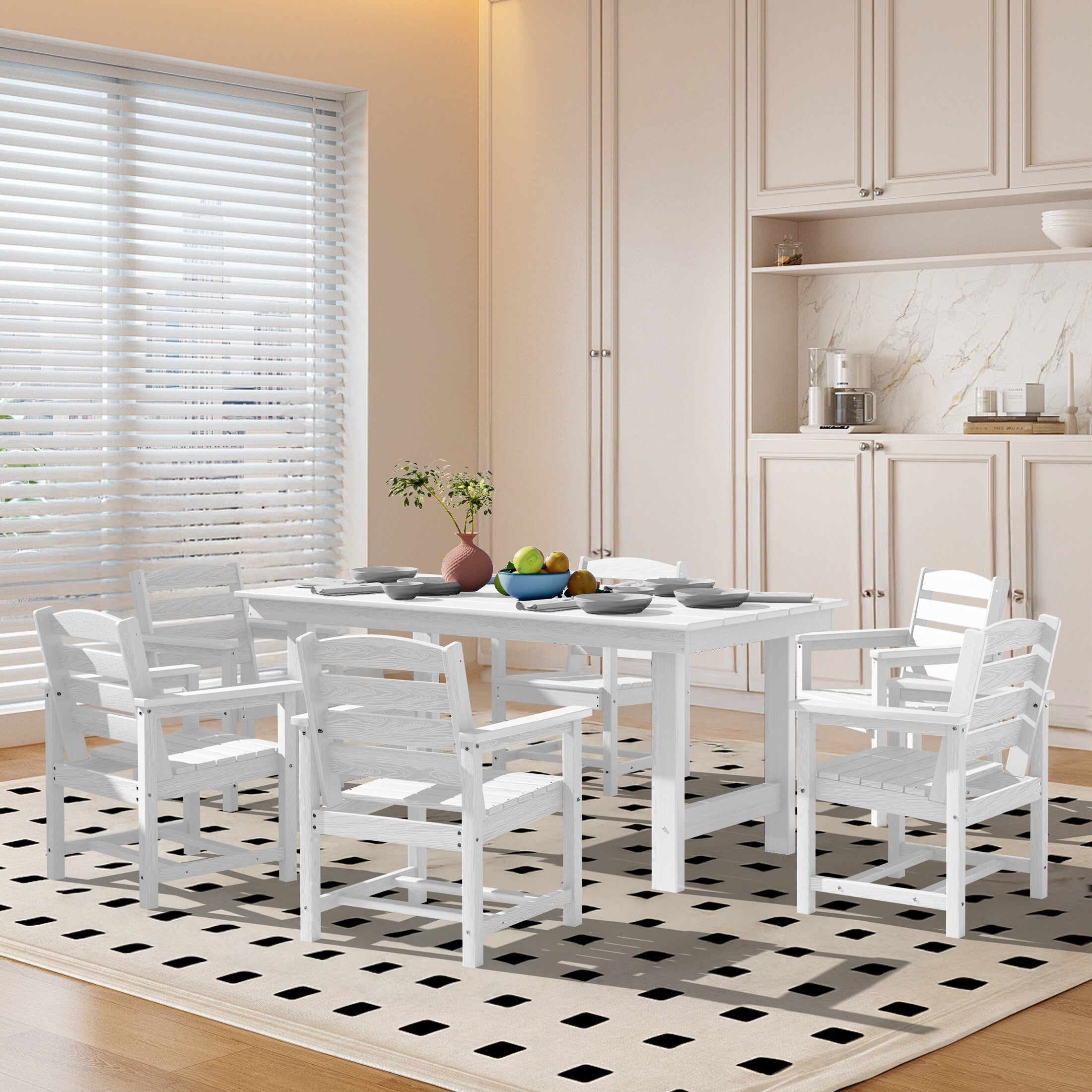 Ensemble de table à manger d'extérieur 7 pièces en PEHD avec trou pour parasol - 1 table, 6 chaises