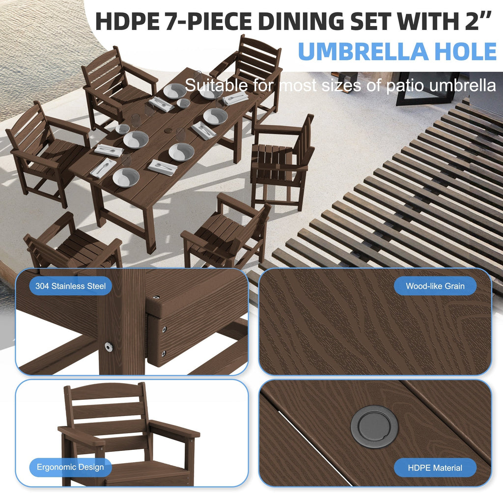 Ensemble de table à manger d'extérieur 7 pièces en PEHD avec trou pour parasol - 1 table, 6 chaises