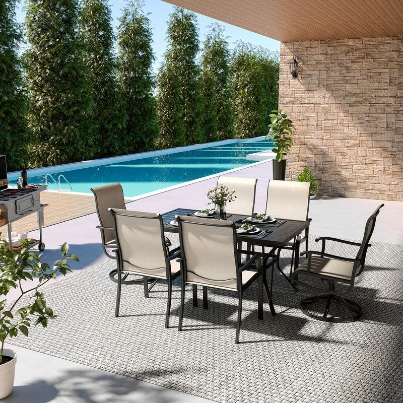 Ensemble de salle à manger d'extérieur en métal 7 pièces avec 6 chaises en textilène et une table rectangulaire