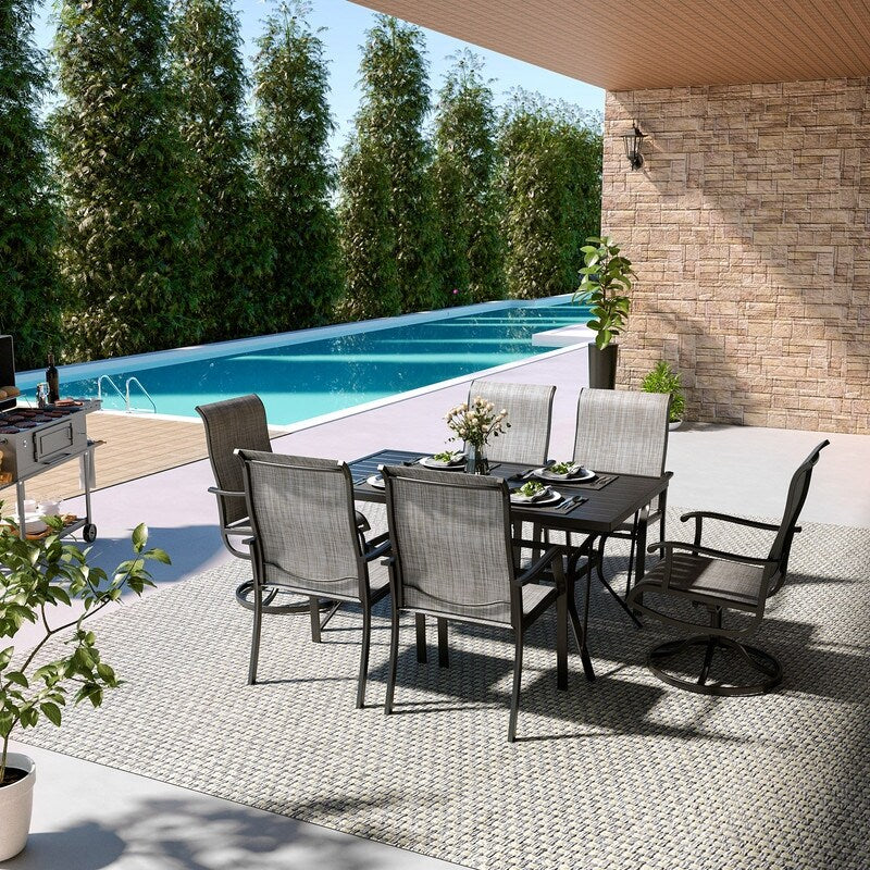 Ensemble de salle à manger d'extérieur en métal 7 pièces avec 6 chaises en textilène et une table rectangulaire