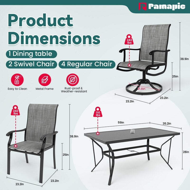 Ensemble de salle à manger d'extérieur en métal 7 pièces avec 6 chaises en textilène et une table rectangulaire