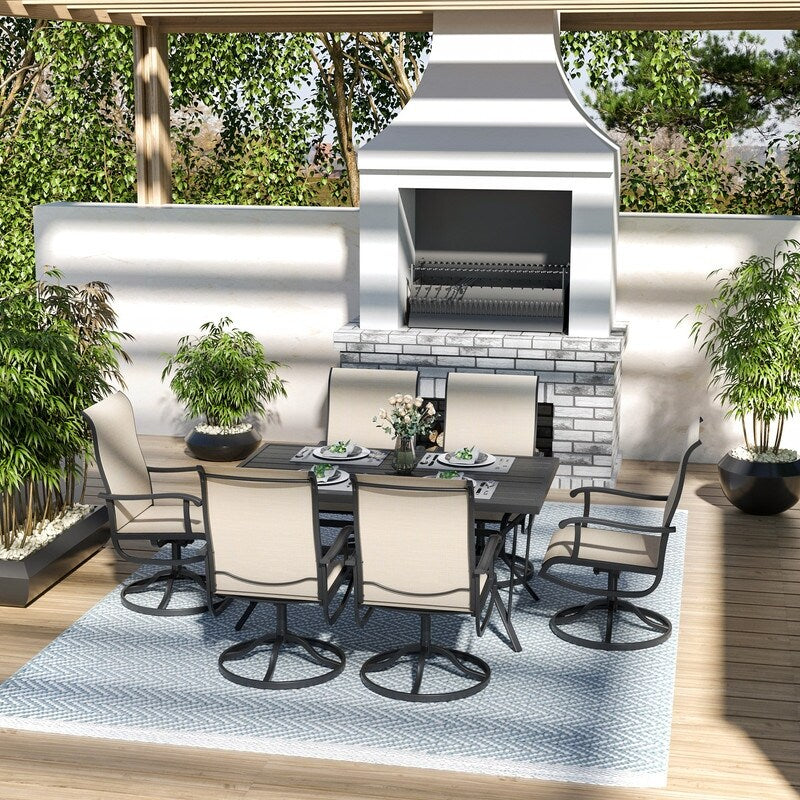 Ensemble de salle à manger d'extérieur en métal 7 pièces avec table rectangulaire et chaises pivotantes en textilène