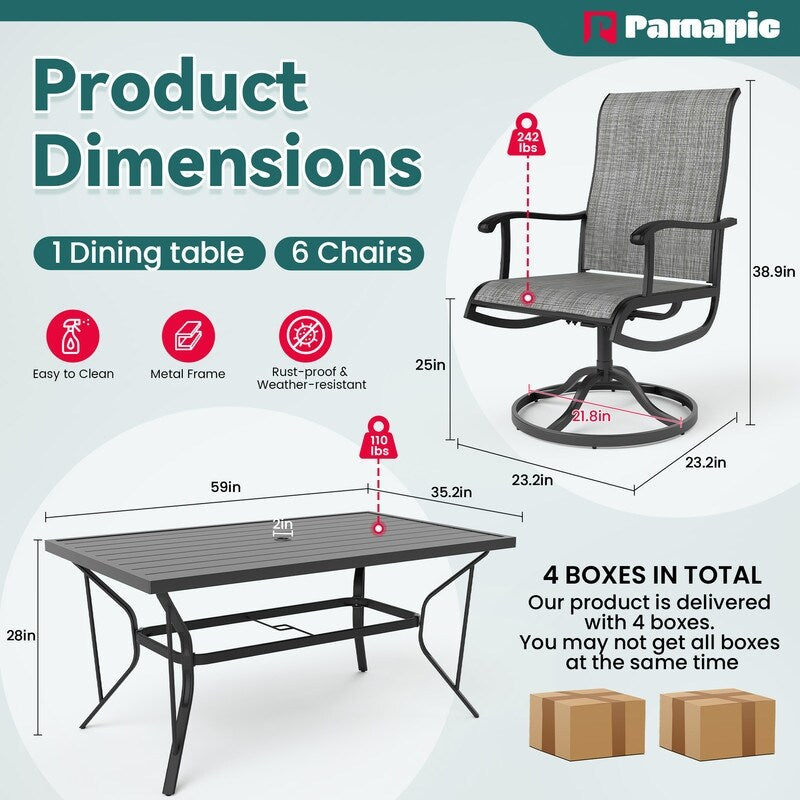 Ensemble de salle à manger d'extérieur en métal 7 pièces avec table rectangulaire et chaises pivotantes en textilène