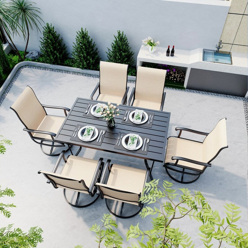 Ensemble de salle à manger d'extérieur en métal 7 pièces avec table rectangulaire et chaises pivotantes en textilène