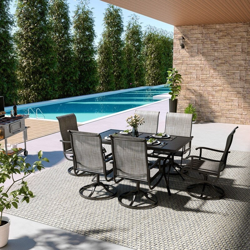 Ensemble de salle à manger d'extérieur en métal 7 pièces avec table rectangulaire et chaises pivotantes en textilène