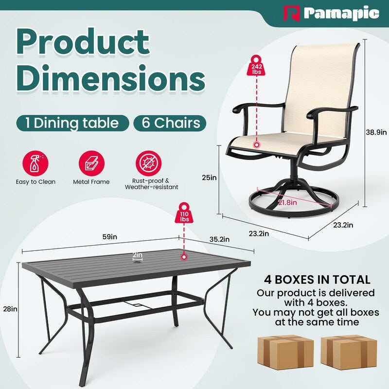 Ensemble de salle à manger d'extérieur en métal 7 pièces avec table rectangulaire et chaises pivotantes en textilène