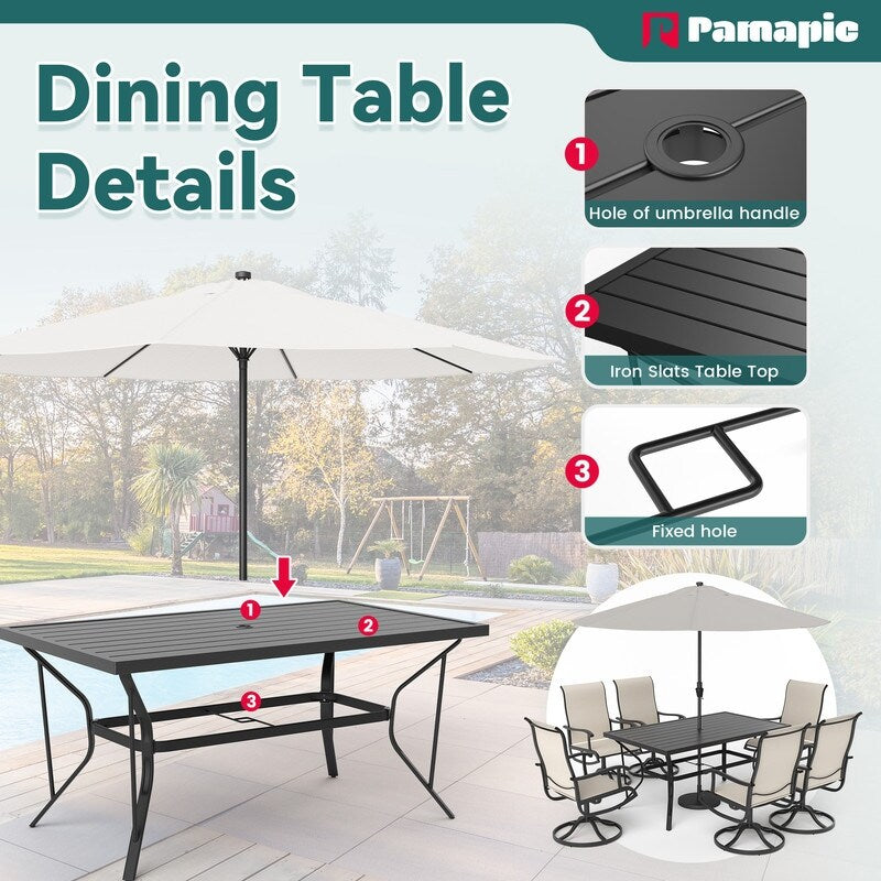 Ensemble de salle à manger d'extérieur en métal 7 pièces avec table rectangulaire et chaises pivotantes en textilène