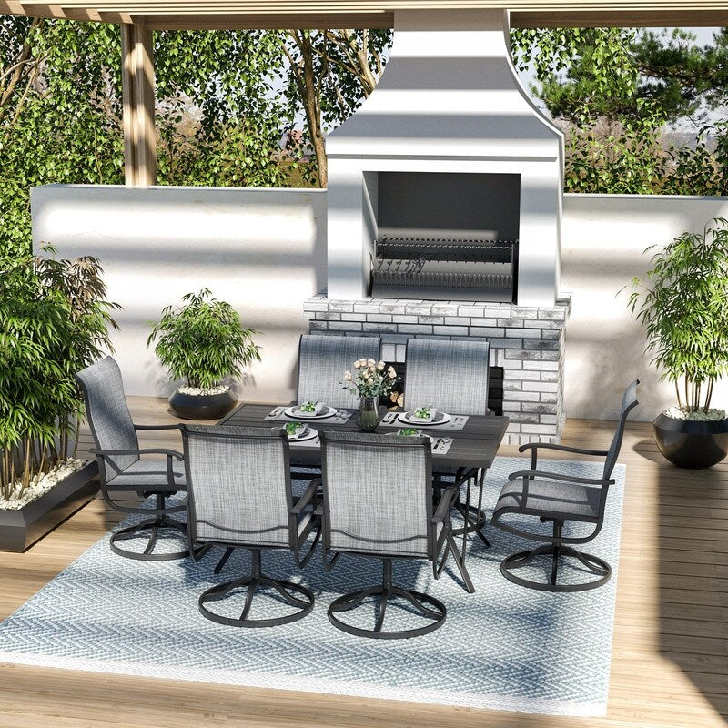 Ensemble de salle à manger d'extérieur en métal 7 pièces avec table rectangulaire et chaises pivotantes en textilène