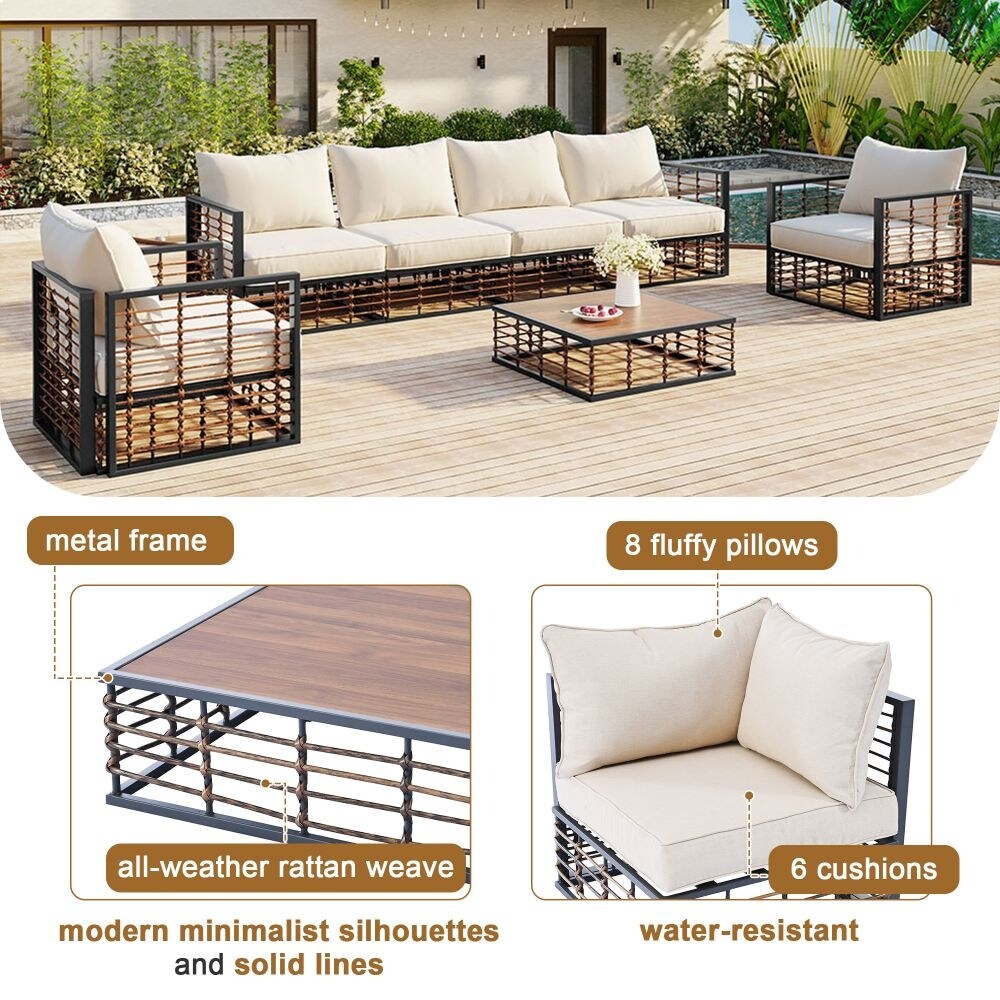 Ensemble de canapés sectionnels en métal 7 pièces pour patio, mobilier de jardin toutes saisons avec coussins épais et table basse