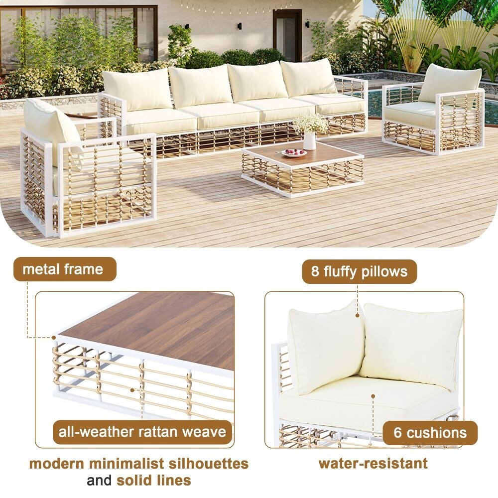 Ensemble de canapés sectionnels en métal 7 pièces pour patio, mobilier de jardin toutes saisons avec coussins épais et table basse