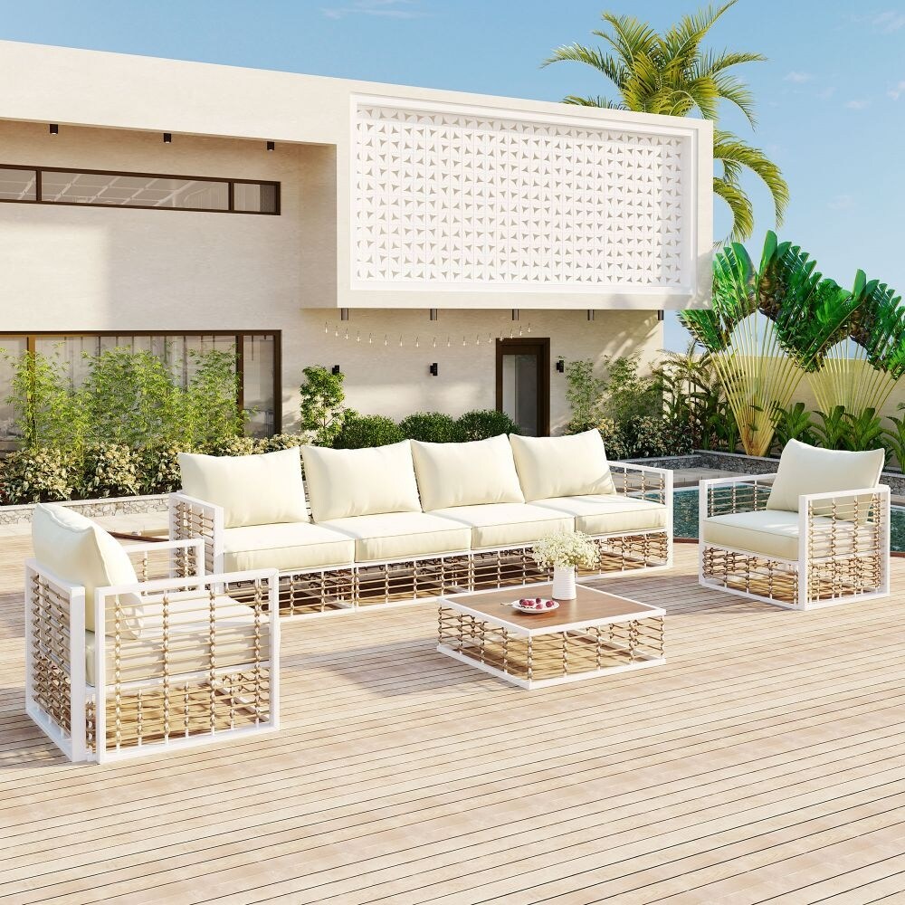 Ensemble de canapés sectionnels en métal 7 pièces pour patio, mobilier de jardin toutes saisons avec coussins épais et table basse