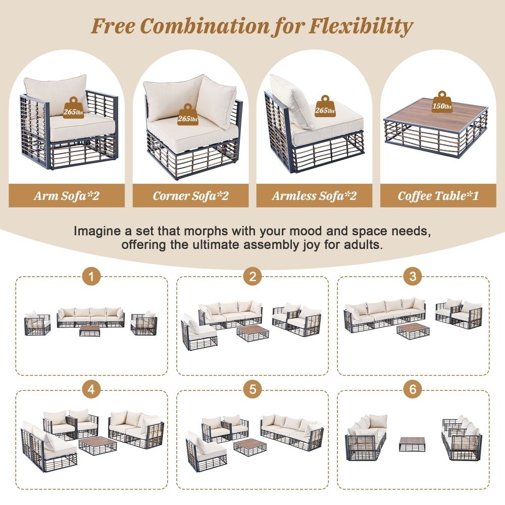 Ensemble de canapés sectionnels en métal 7 pièces pour patio, mobilier de jardin toutes saisons avec coussins épais et table basse