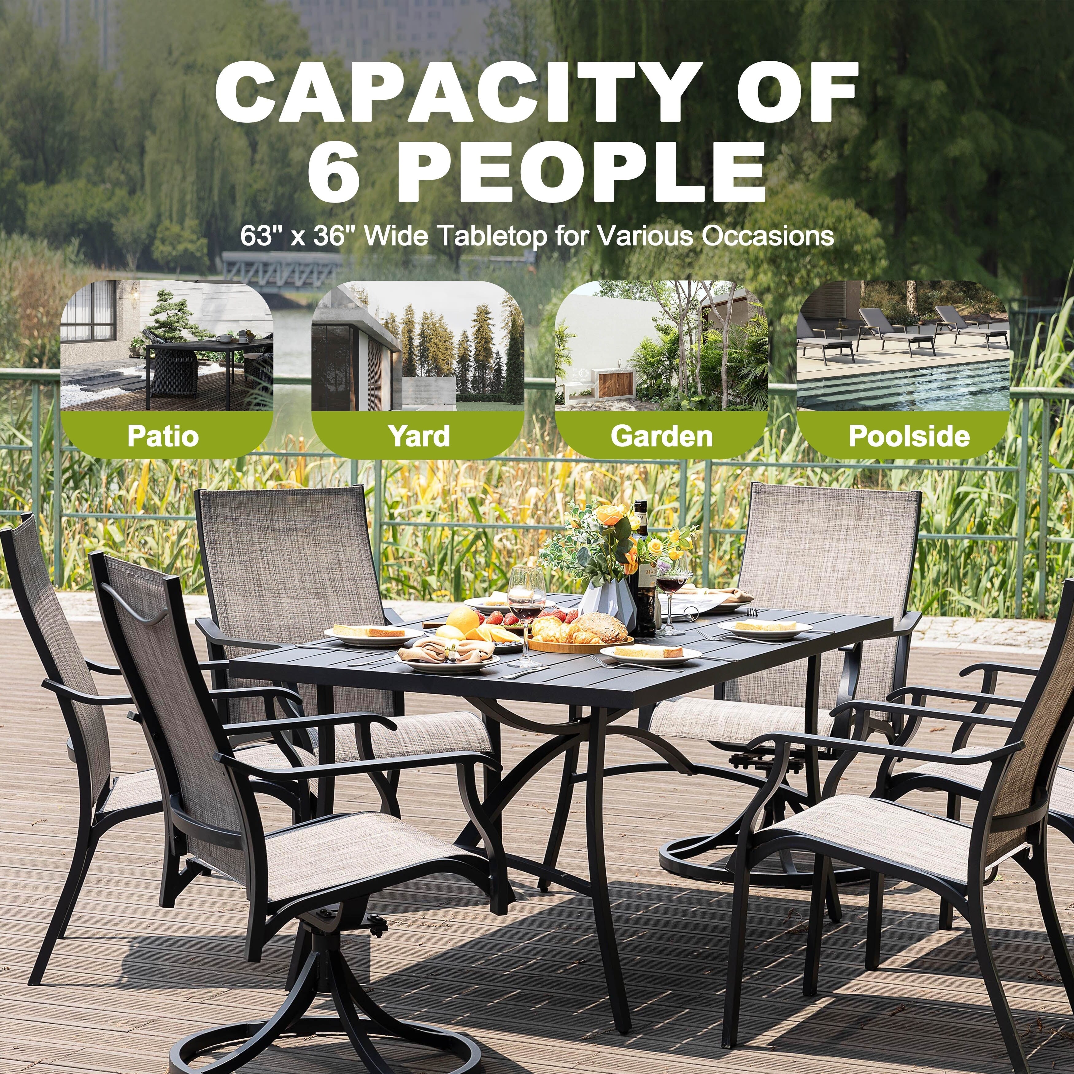 Ensemble de salle à manger d'extérieur 7 pièces avec chaises fixes et pivotantes en textilène