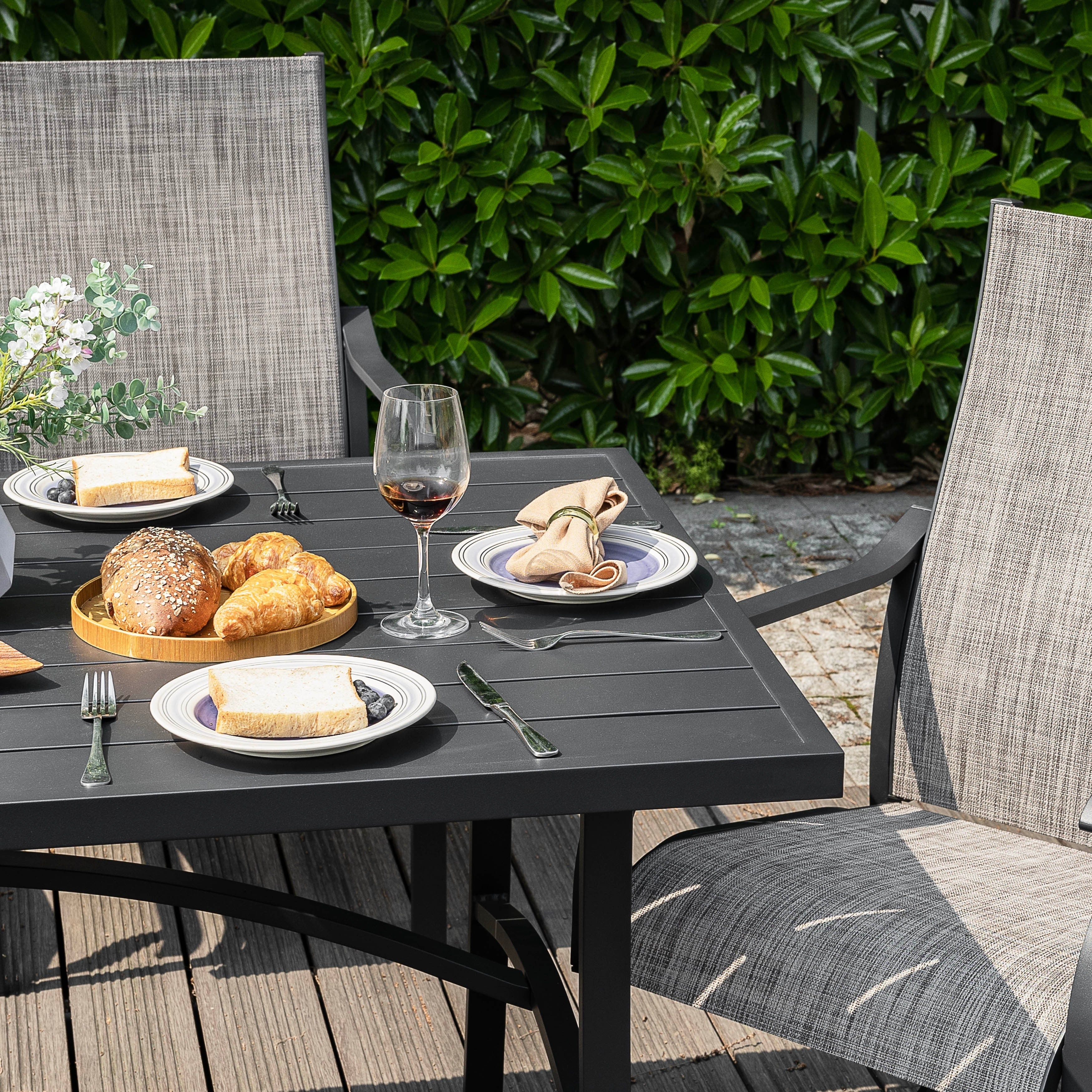 Ensemble de salle à manger d'extérieur 7 pièces avec chaises fixes et pivotantes en textilène