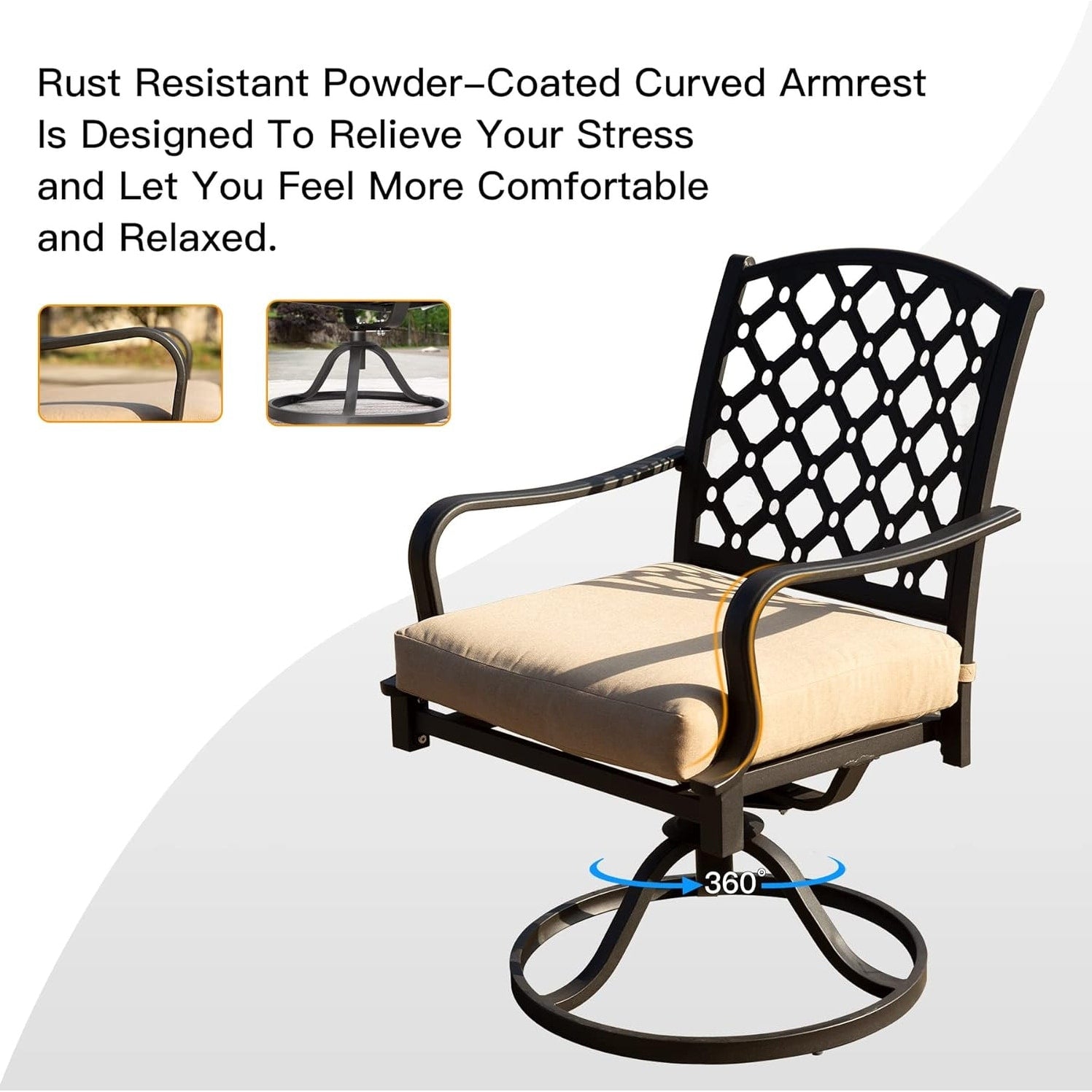 Ensemble de salle à manger d'extérieur en métal 7 pièces avec chaises pivotantes et fixes et table rectangulaire résistante aux intempéries
