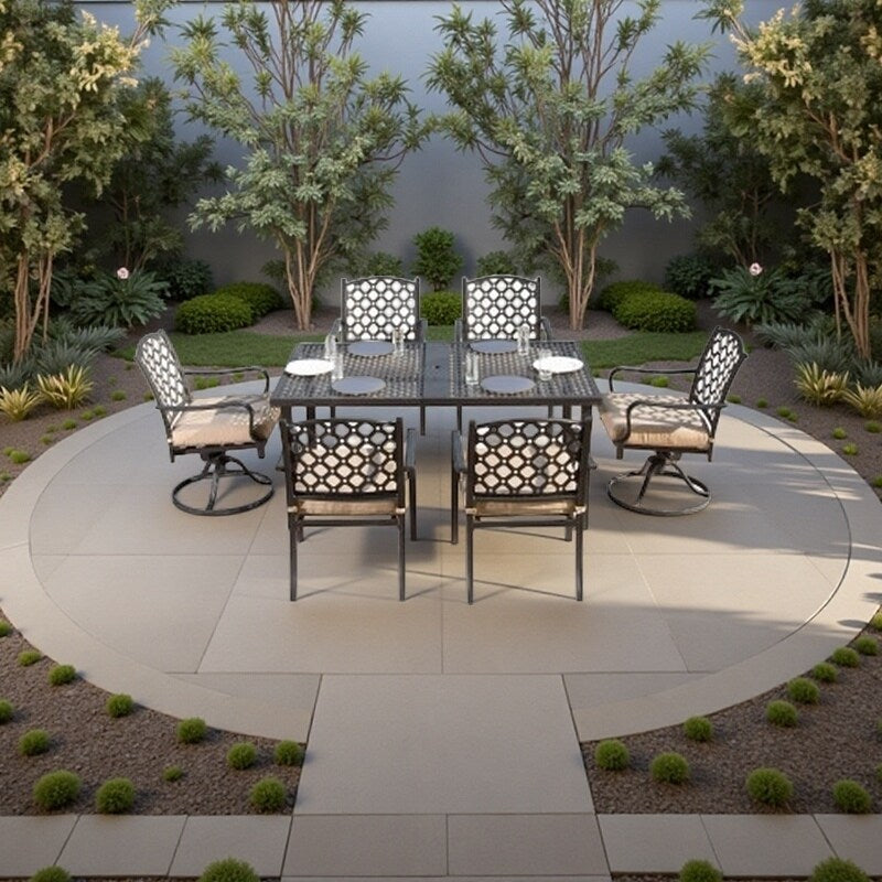 Ensemble de salle à manger d'extérieur en métal 7 pièces avec chaises pivotantes et fixes et table rectangulaire résistante aux intempéries