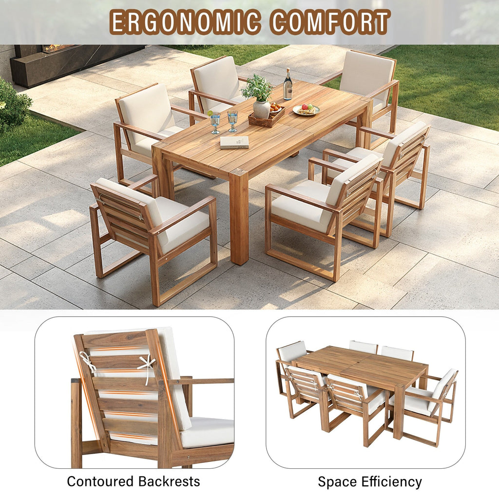 Ensemble de 7 chaises de salle à manger d'extérieur en bois avec table à manger décontractée, trou pour parasol et 6 coussins amovibles