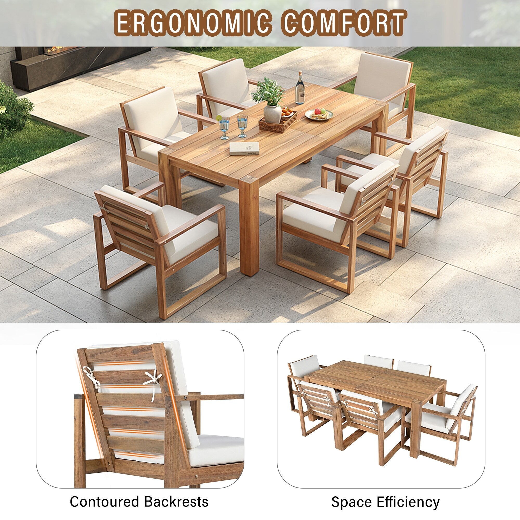 Ensemble de 7 chaises de salle à manger d'extérieur en bois avec table à manger décontractée, trou pour parasol et 6 coussins amovibles