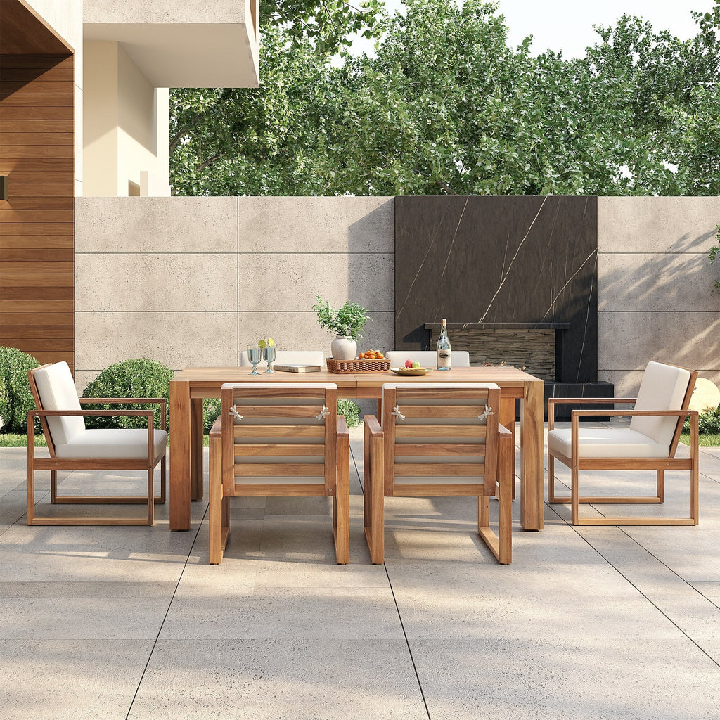 Ensemble de 7 chaises de salle à manger d'extérieur en bois avec table à manger décontractée, trou pour parasol et 6 coussins amovibles