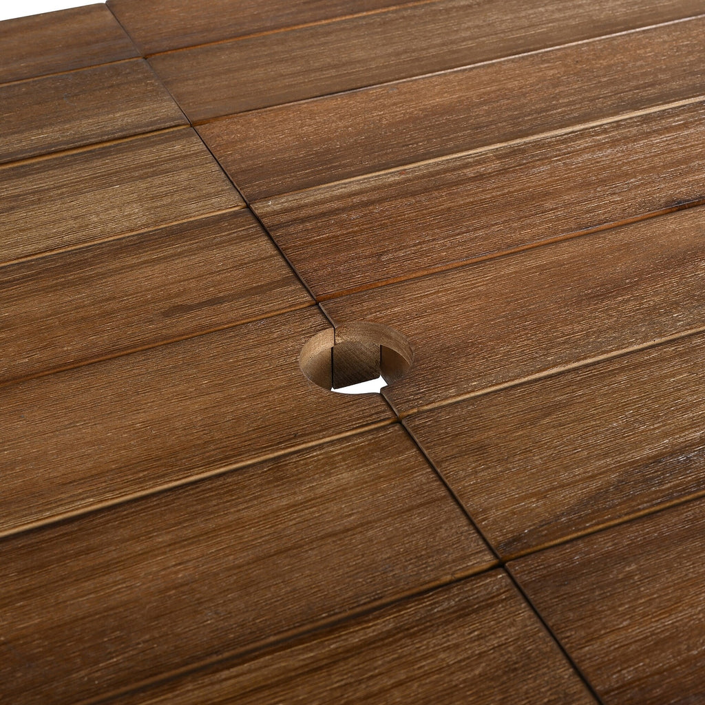 Ensemble de 7 chaises de salle à manger d'extérieur en bois avec table à manger décontractée, trou pour parasol et 6 coussins amovibles