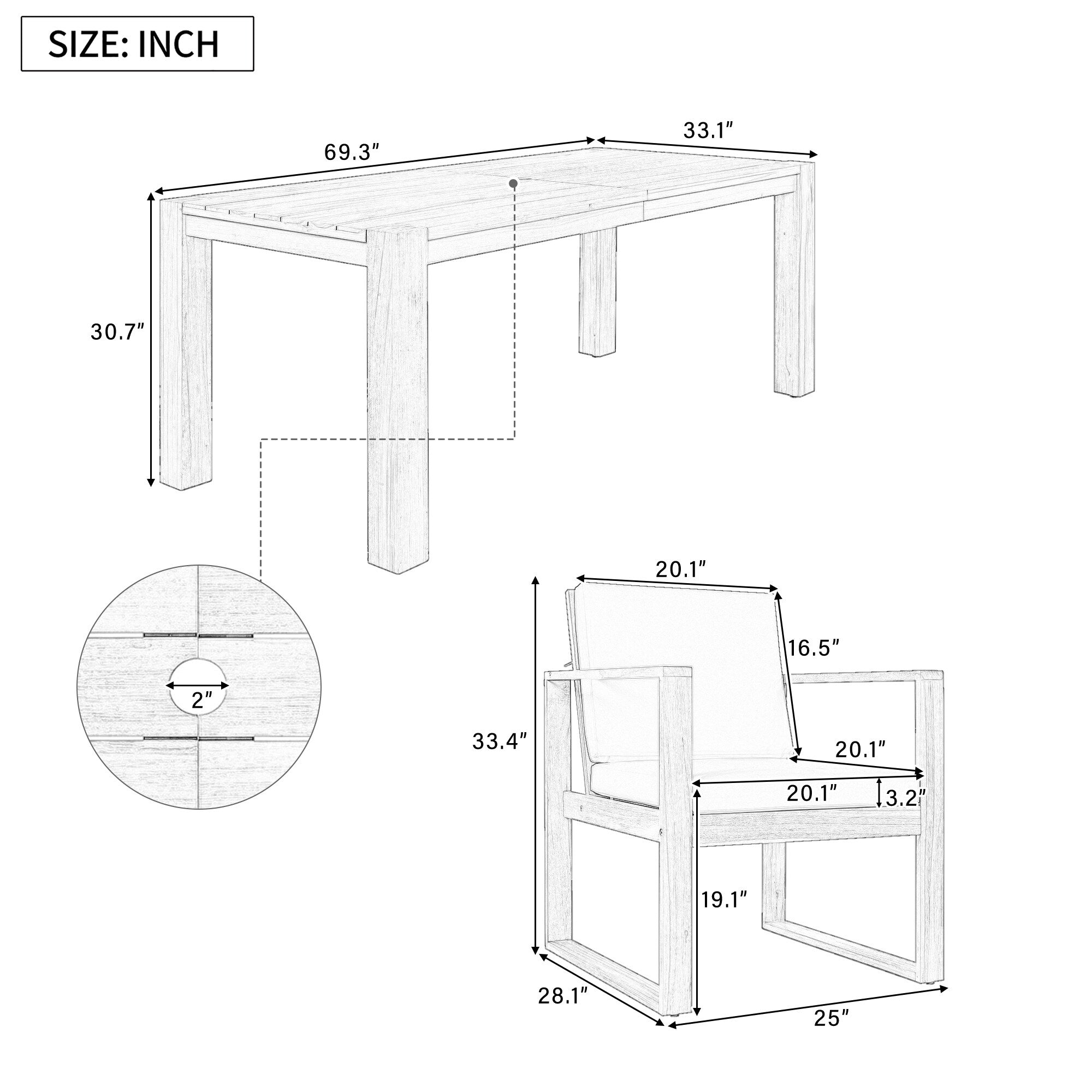 Ensemble de 7 chaises de salle à manger d'extérieur en bois avec table à manger décontractée, trou pour parasol et 6 coussins amovibles