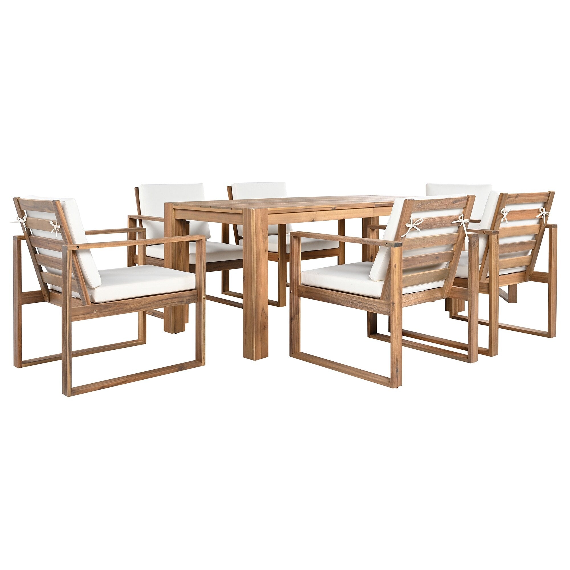 Ensemble de 7 chaises de salle à manger d'extérieur en bois avec table à manger décontractée, trou pour parasol et 6 coussins amovibles