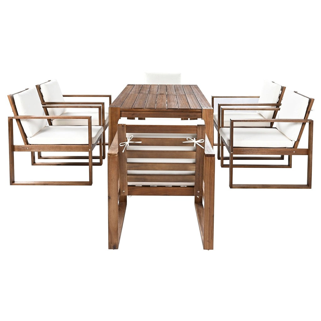 Ensemble de 7 chaises de salle à manger d'extérieur en bois avec table à manger décontractée, trou pour parasol et 6 coussins amovibles