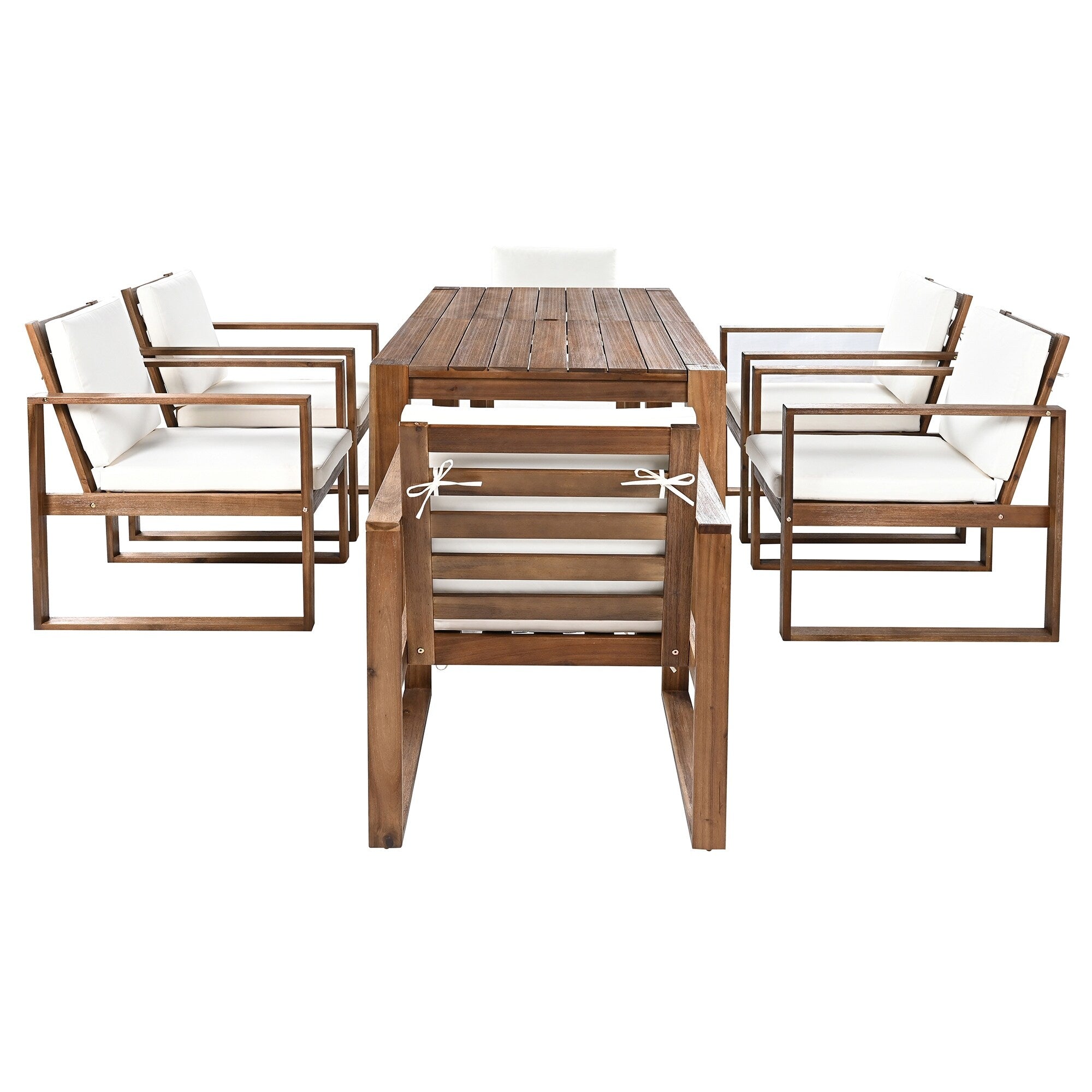 Ensemble de 7 chaises de salle à manger d'extérieur en bois avec table à manger décontractée, trou pour parasol et 6 coussins amovibles