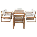 Ensemble de 7 chaises de salle à manger d'extérieur en bois avec table à manger décontractée, trou pour parasol et 6 coussins amovibles