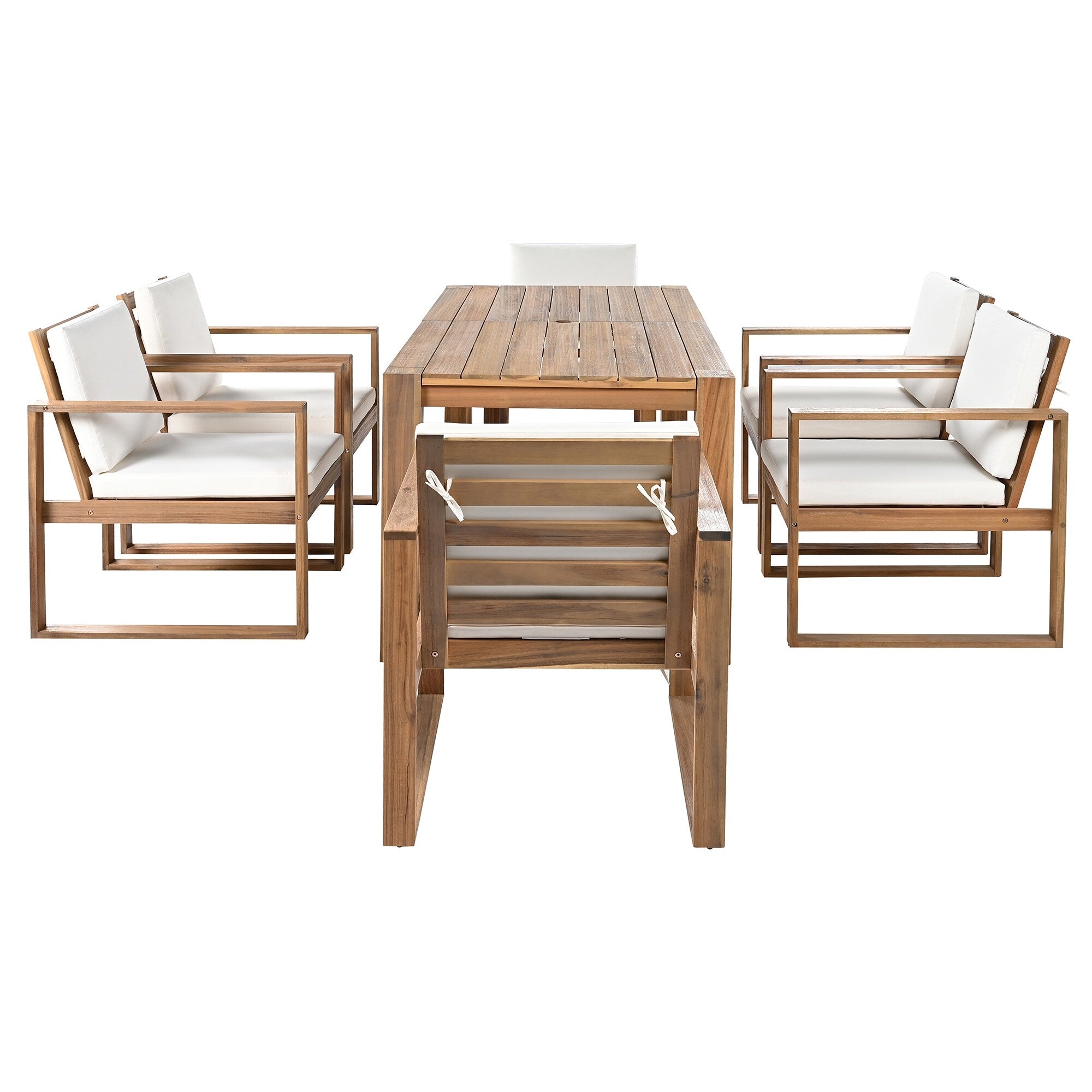 Ensemble de 7 chaises de salle à manger d'extérieur en bois avec table à manger décontractée, trou pour parasol et 6 coussins amovibles