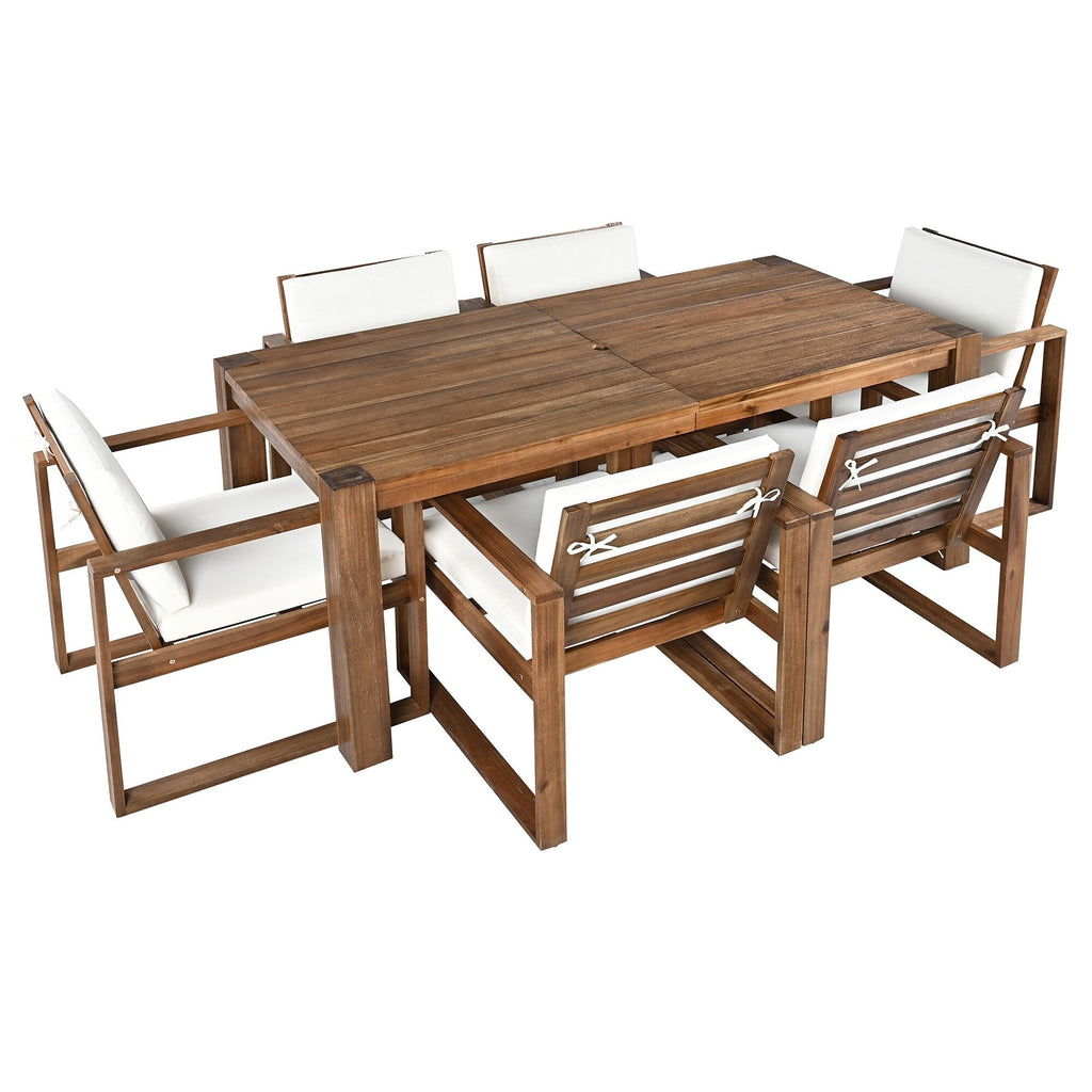Ensemble de 7 chaises de salle à manger d'extérieur en bois avec table à manger décontractée, trou pour parasol et 6 coussins amovibles