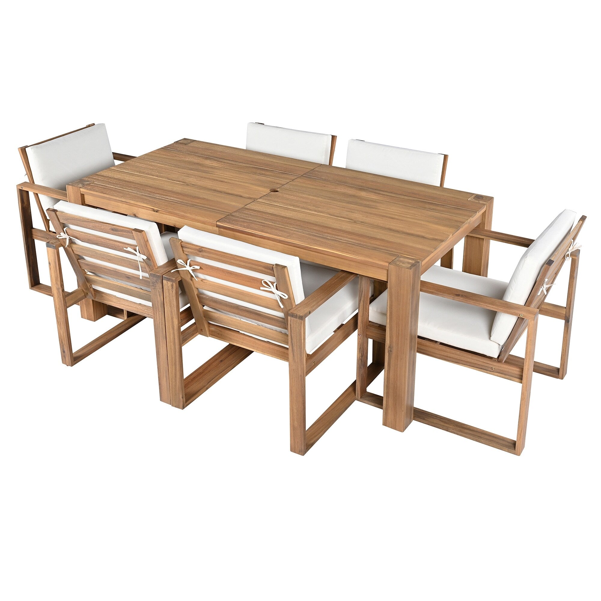 Ensemble de 7 chaises de salle à manger d'extérieur en bois avec table à manger décontractée, trou pour parasol et 6 coussins amovibles