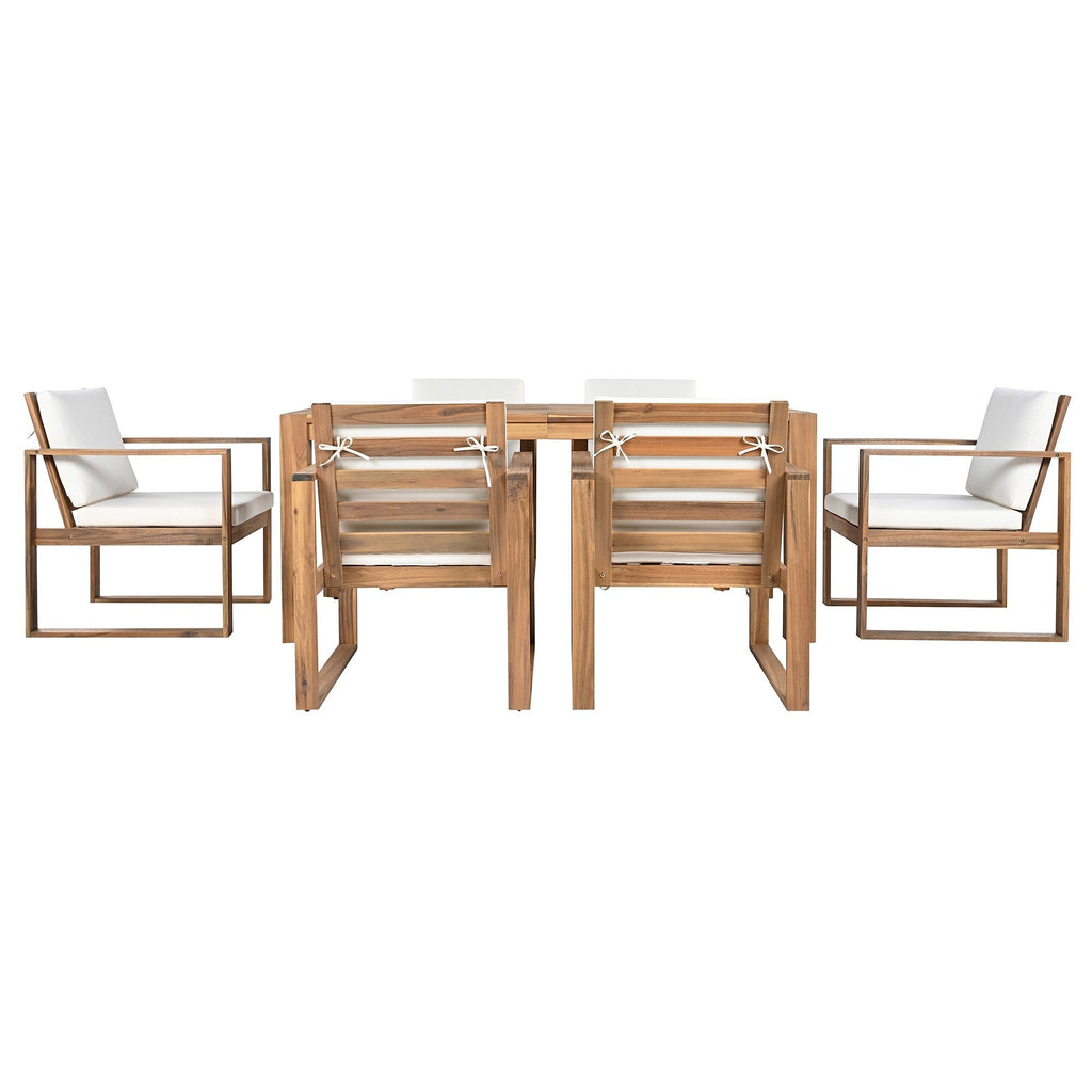 Ensemble de 7 chaises de salle à manger d'extérieur en bois avec table à manger décontractée, trou pour parasol et 6 coussins amovibles