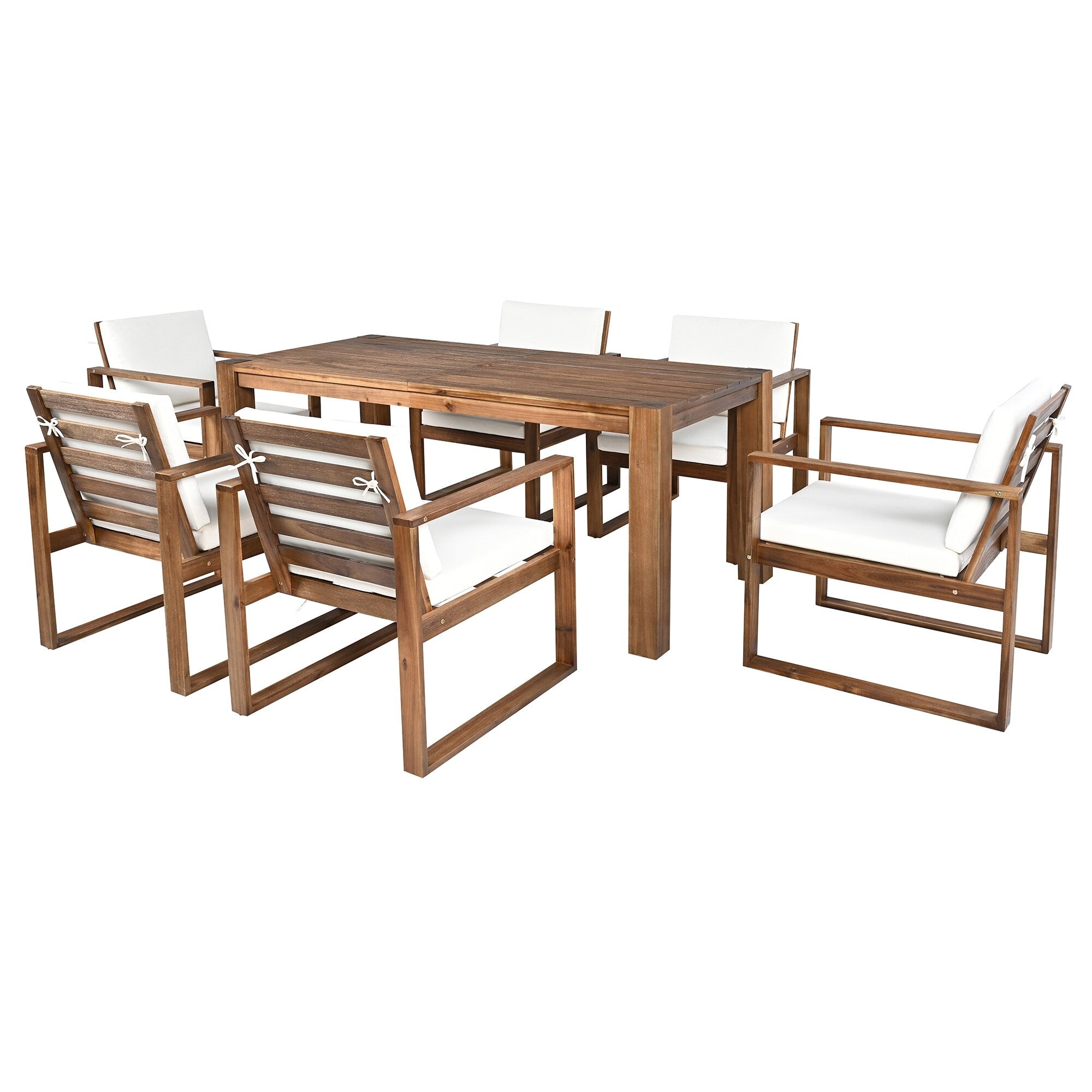 Ensemble de 7 chaises de salle à manger d'extérieur en bois avec table à manger décontractée, trou pour parasol et 6 coussins amovibles