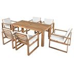 Ensemble de 7 chaises de salle à manger d'extérieur en bois avec table à manger décontractée, trou pour parasol et 6 coussins amovibles