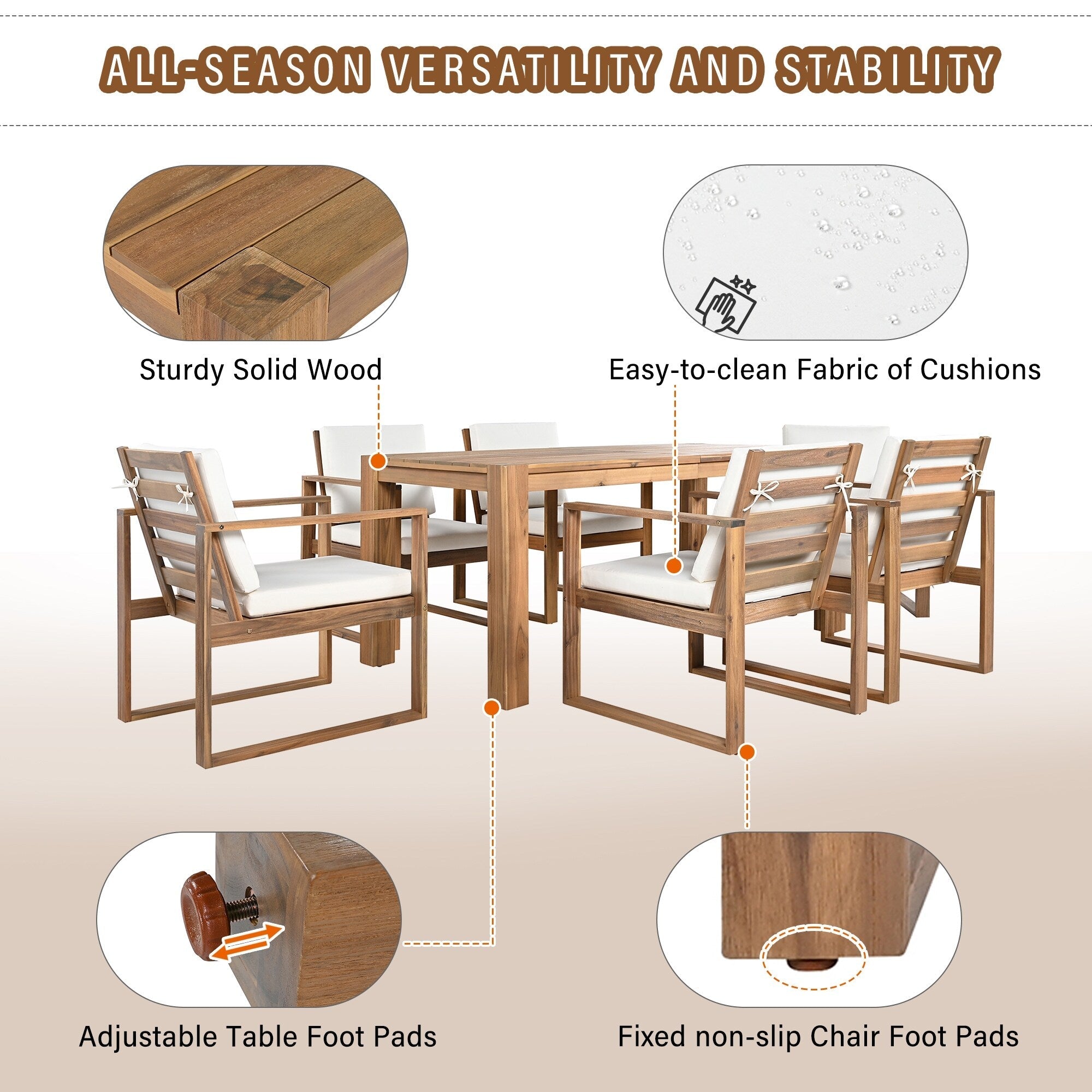 Ensemble de 7 chaises de salle à manger d'extérieur en bois avec table à manger décontractée, trou pour parasol et 6 coussins amovibles