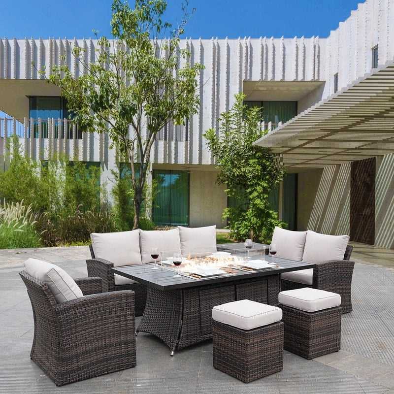 Ensemble de canapés de patio conversationnels 7 pièces avec table de foyer en aluminium