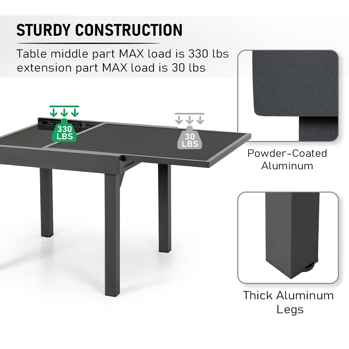 Ensemble de salle à manger de patio 7 pièces avec chaises pliantes réglables et 1 table à manger extensible