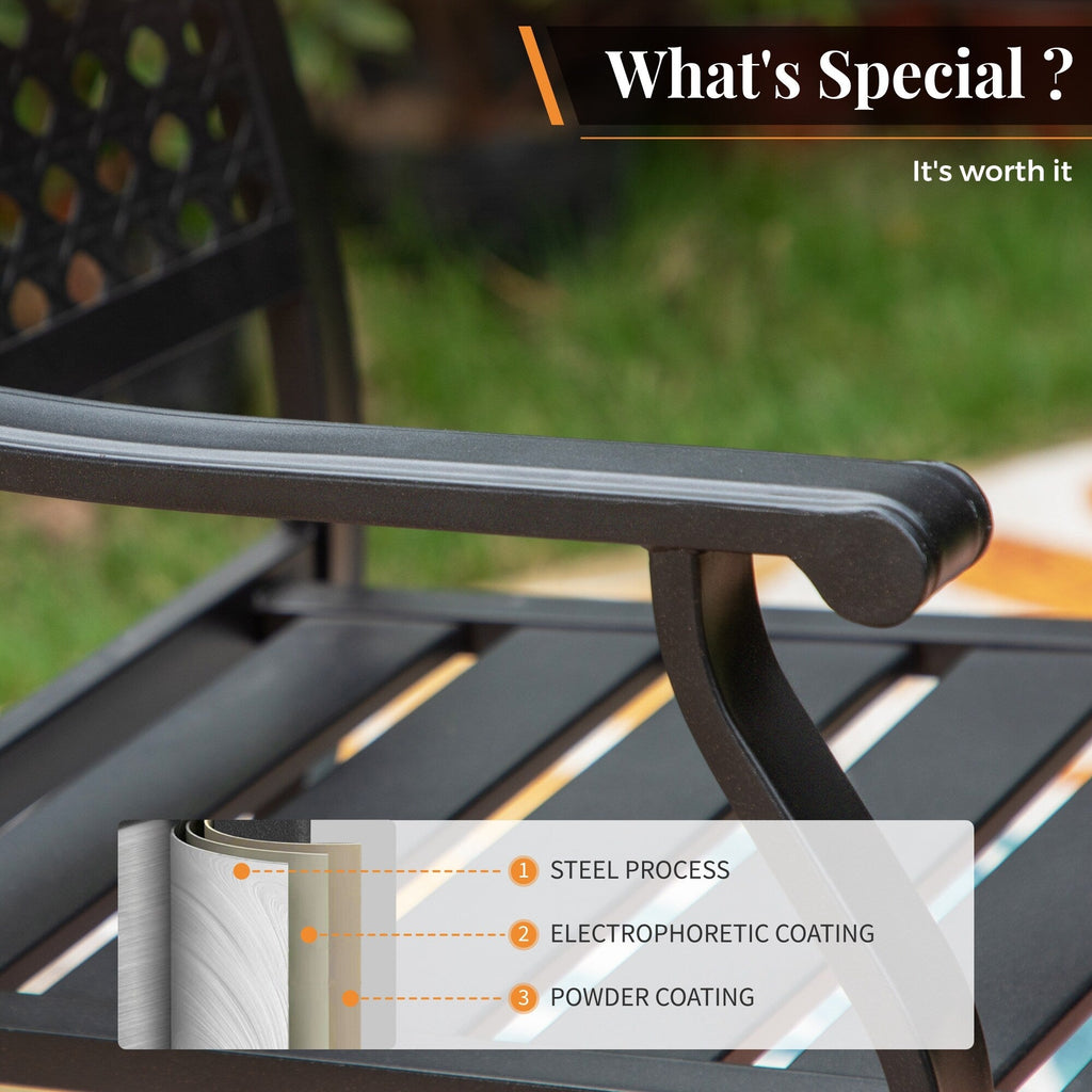 Ensemble de salle à manger de patio 7 pièces avec revêtement en métal E-coating, comprenant 6 chaises à dossier amélioré et une table en métal avec trou pour parasol