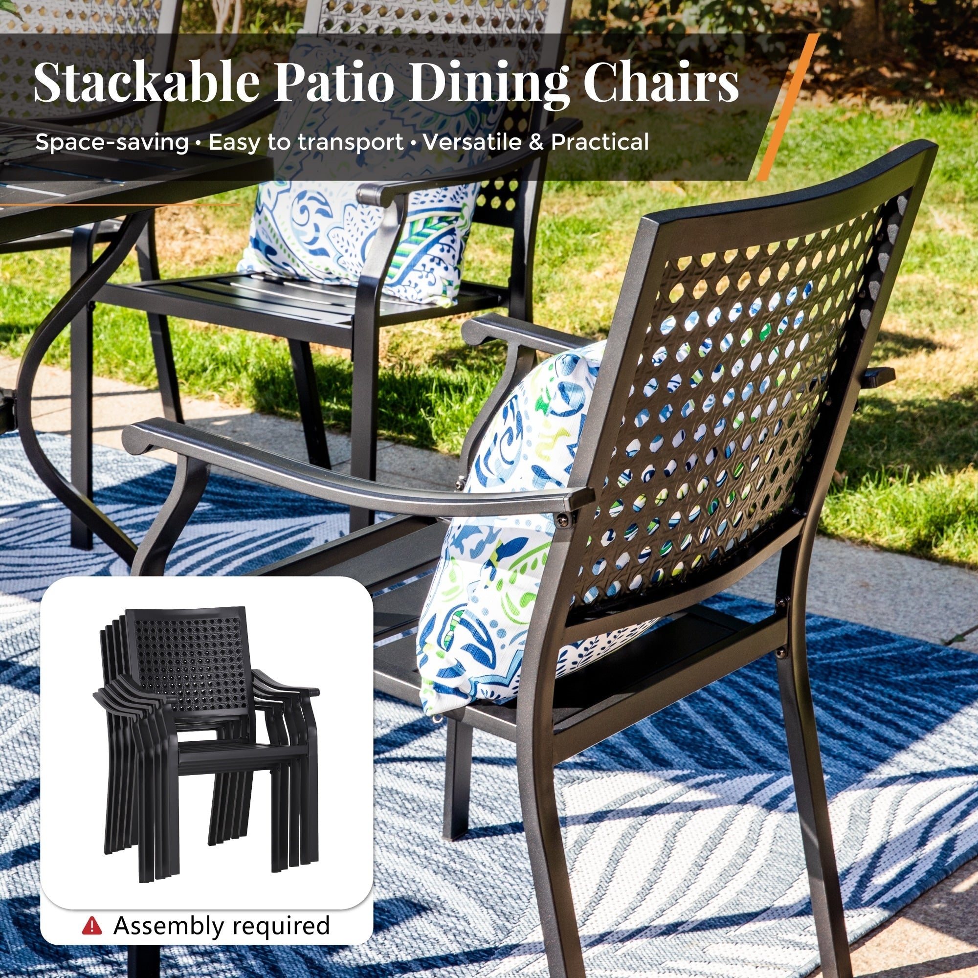 Ensemble de salle à manger de patio 7 pièces avec revêtement en métal E-coating, comprenant 6 chaises à dossier amélioré et une table en métal avec trou pour parasol