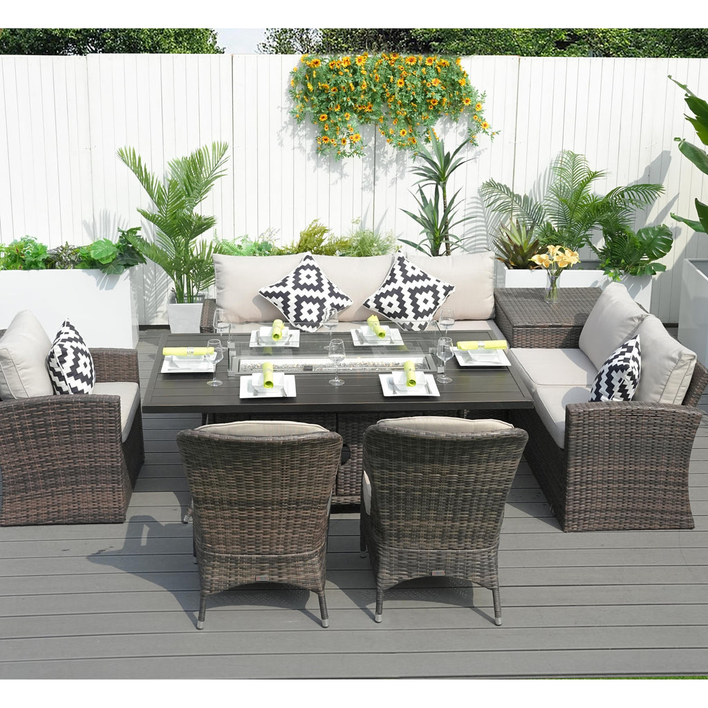 Ensemble de salle à manger de patio 7 pièces avec table et foyer en aluminium