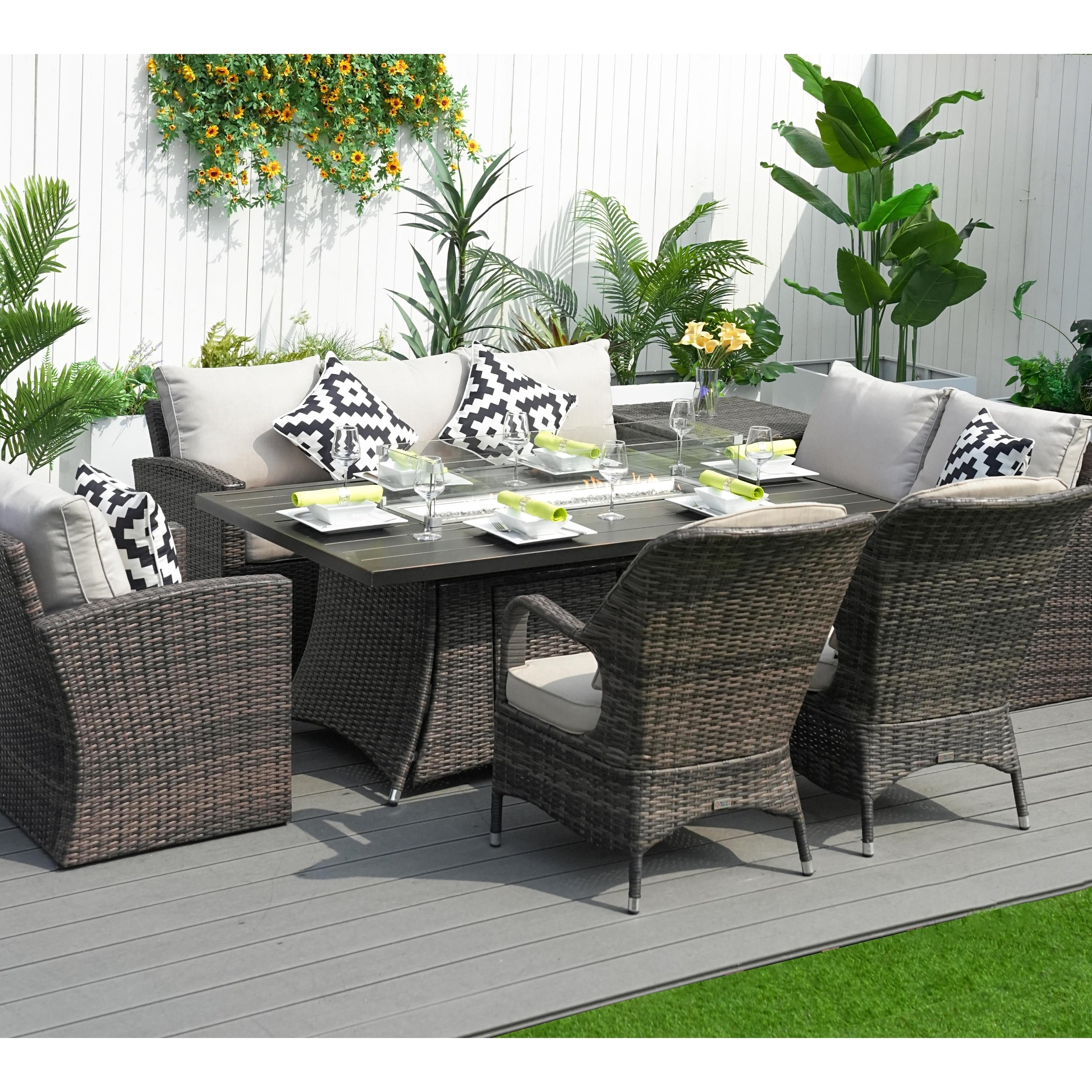 Ensemble de salle à manger de patio 7 pièces avec table et foyer en aluminium