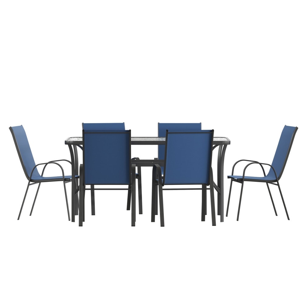 Ensemble de salle à manger de patio 7 pièces avec table en verre et 6 chaises