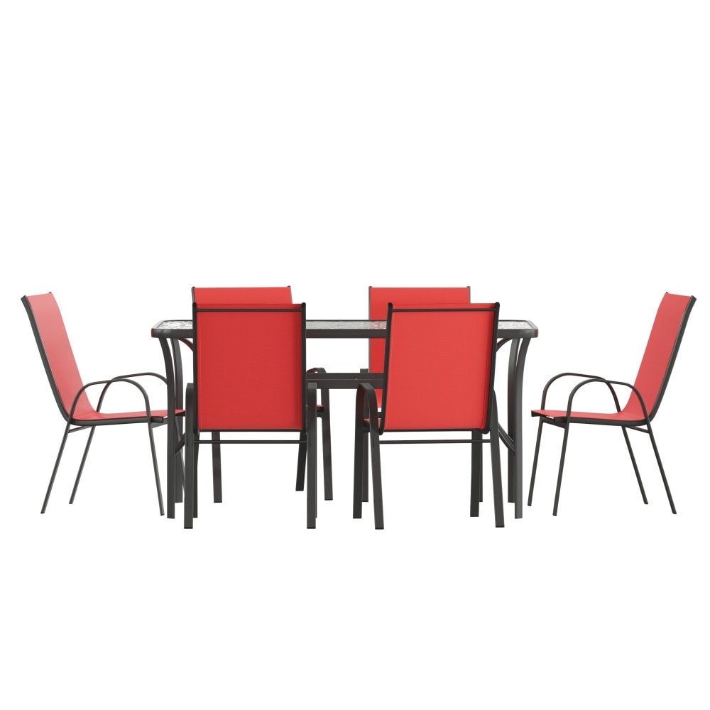 Ensemble de salle à manger de patio 7 pièces avec table en verre et 6 chaises