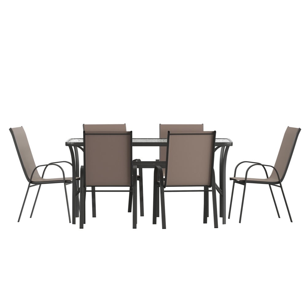Ensemble de salle à manger de patio 7 pièces avec table en verre et 6 chaises