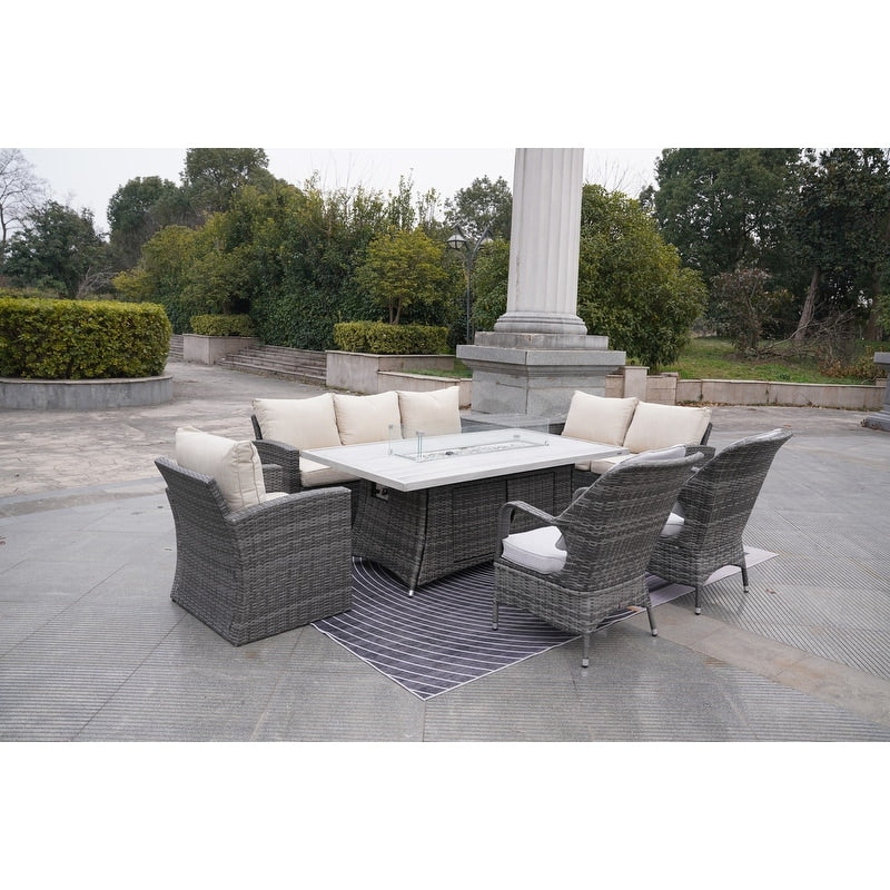 Ensemble de canapés de patio en rotin 7 pièces avec table à manger et fauteuils en aluminium