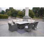 Ensemble de canapés de patio en rotin 7 pièces avec table à manger et fauteuils en aluminium