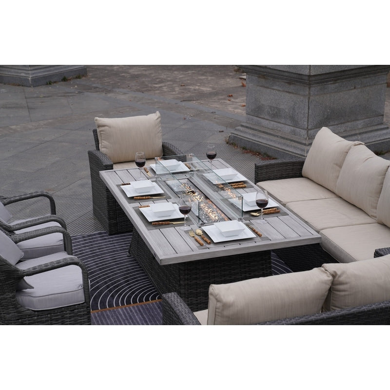 Ensemble de canapés de patio en rotin 7 pièces avec table à manger et fauteuils en aluminium