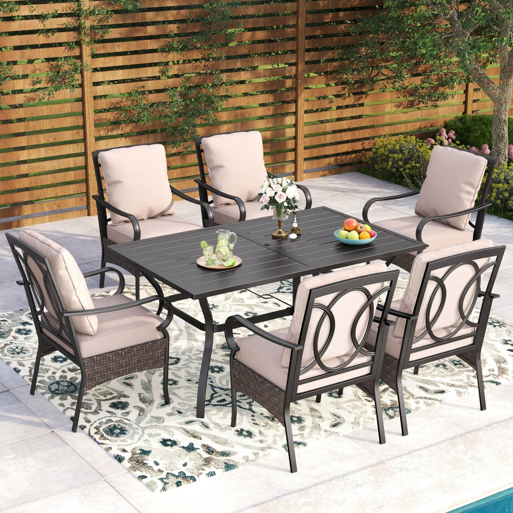 Ensemble de salle à manger d'extérieur surdimensionné de 7 pièces avec 6 chaises rembourrées et une table rectangulaire de 60 pouces